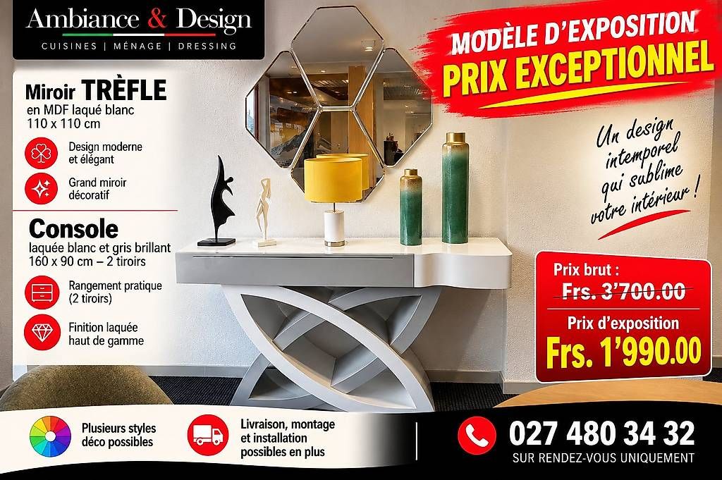 Miroirs: CONSOLE DESIGN + MIROIR TRÈFLE PRIX EXPOSITION EXCEPTIONNEL – Neuf avec emballage d'origine à Martigny par ambiance1920
