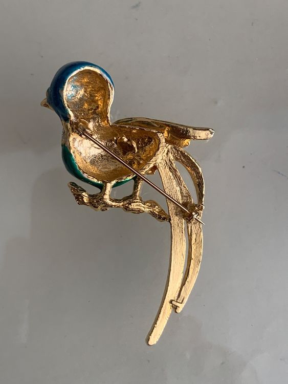 Broche Vintage En Métal Doré Avec Pierres Dures Bleues - Bijou Ancien - Occasion