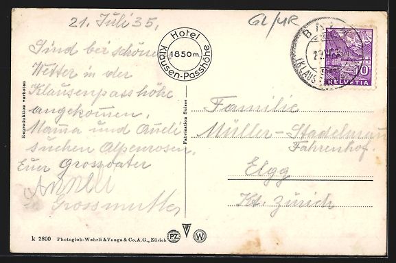 Cartoline postali: Klausenpasshöhe, Hotel Klausenpasshöhe – Usato da Berlin venduto da bartko-reher 1