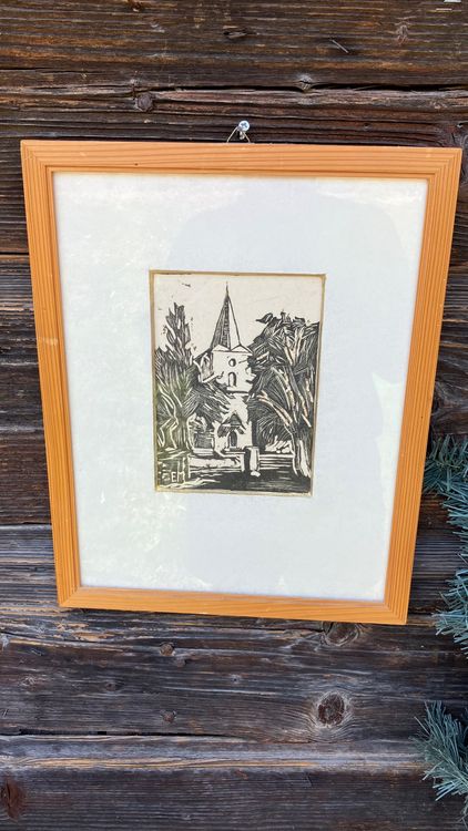 Gravure Originale Max Pretzfelder 'Bau' 1908 - Ouvrier Construction église | 24x32 Cm Non Encadrée