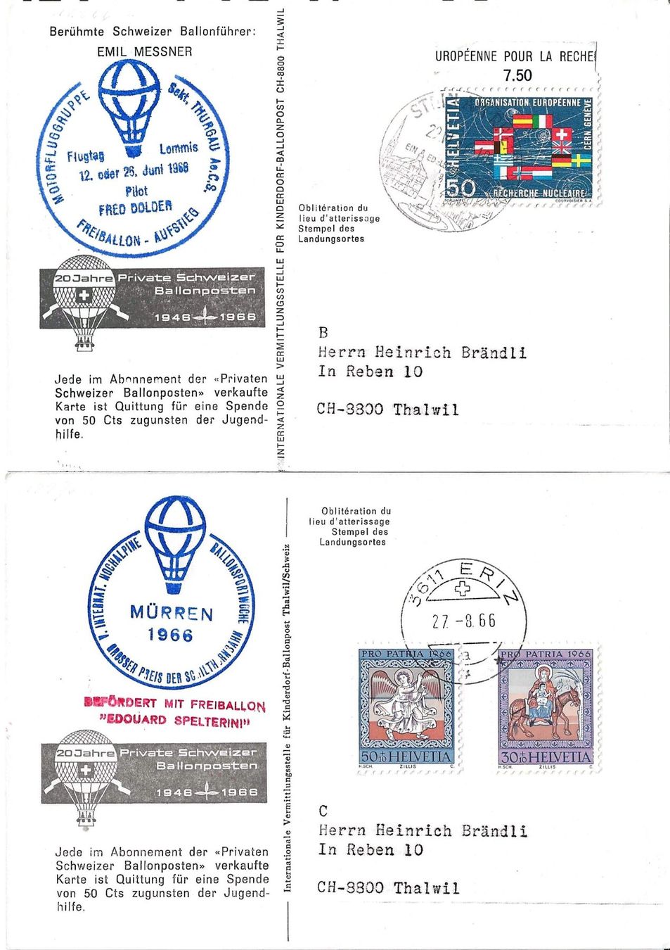 Alle Briefmarken: 2 Ballon-Karten 1966/68 – Gebraucht aus Zürich von Philacat11 1