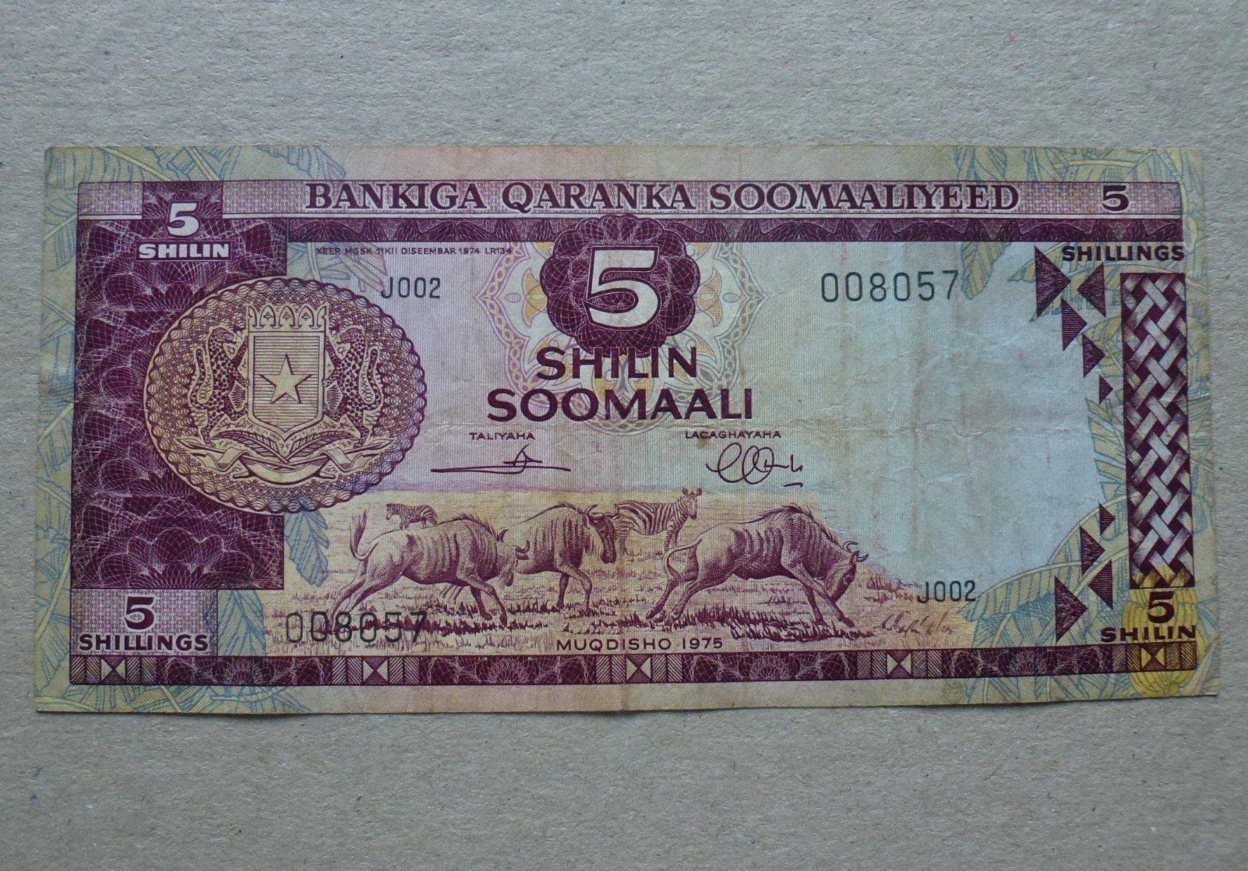 Banknoten: Somalia ++ 5 Shilin 1975 – Gebraucht aus Walkringen von Casablanca777