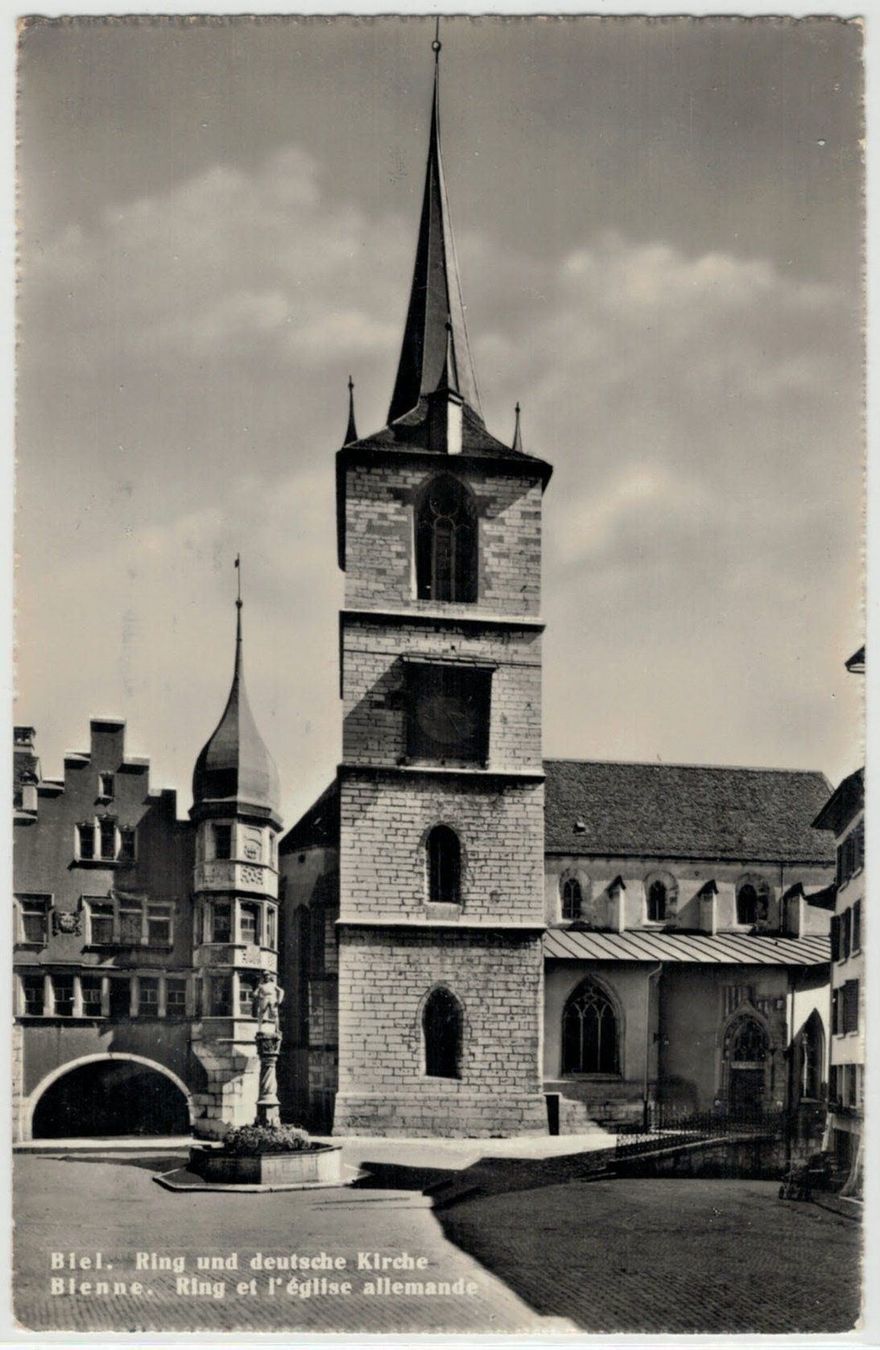 Cartoline postali: BE 173 Biel Bienne Ring u deutsche Kirche 1953 – Usato da Fribourg venduto da philafri