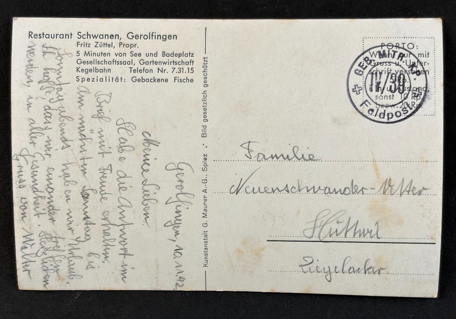 Cartoline postali: ANSICHTSKARTE RESTAURANT SCHWANEN GEROLFINGEN – Usato da Ostermundigen venduto da Wyatt-Earp 1