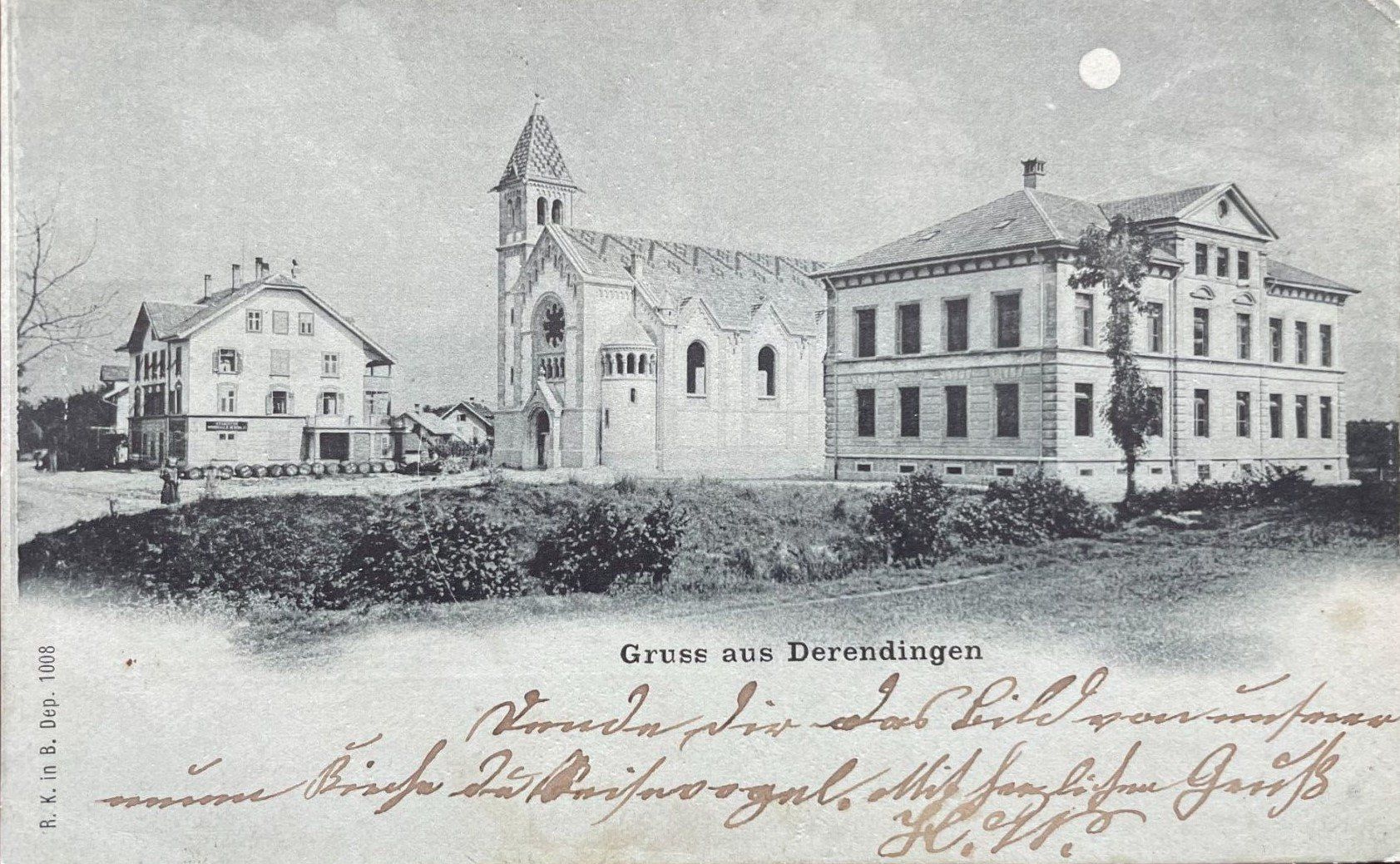 Cartoline postali: Derendingen SO Schulhaus u. Kirche Nr.1008 , 1899 – Usato da Solothurn venduto da Bepposol
