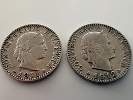 2x antike 20 Rp. Münzen Jg. 1911 und 1912