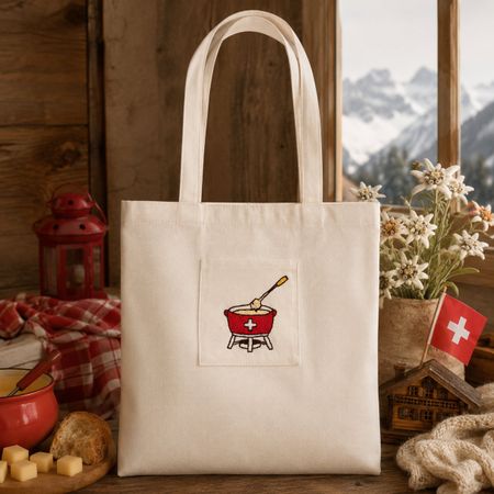 Handbestickte Tote Bag Fondue Schweiz – Stofftasche Shopper