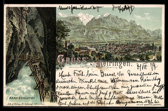 Cartoline postali: Litho Meiringen, Wanderer in der Aaresch – Usato da Berlin venduto da bartko-reher