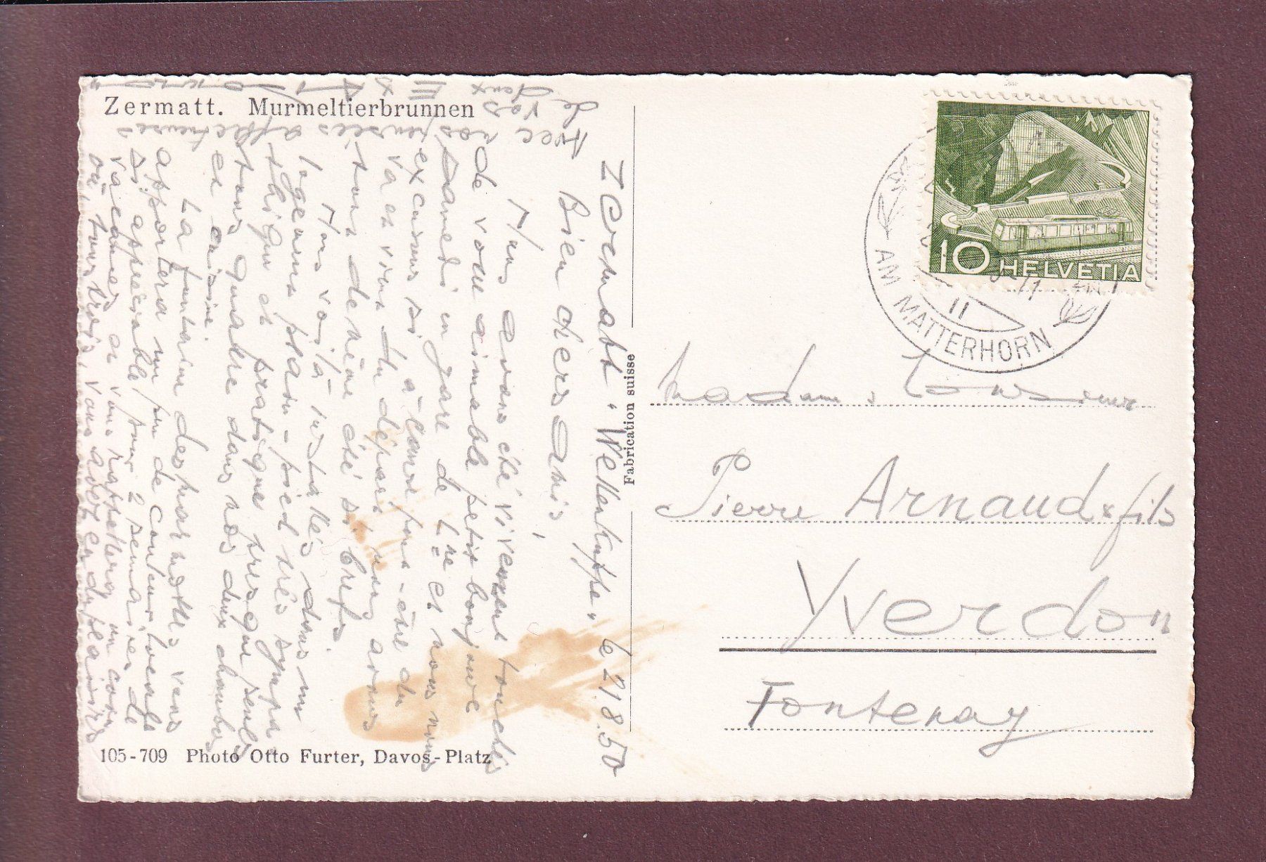Cartoline postali: ZERMATT - Murmeltierbrunnen - 1950 – Usato da Pully venduto da nicecards 1