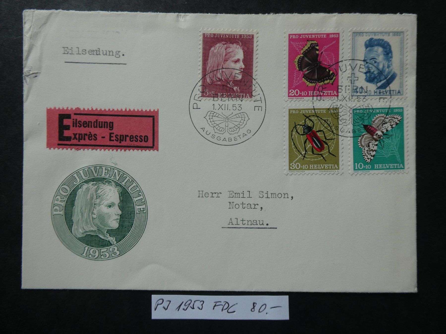 Tutti i francobolli: PJ 1953 FDC P2 – Usato da Lausen venduto da Herbamare01