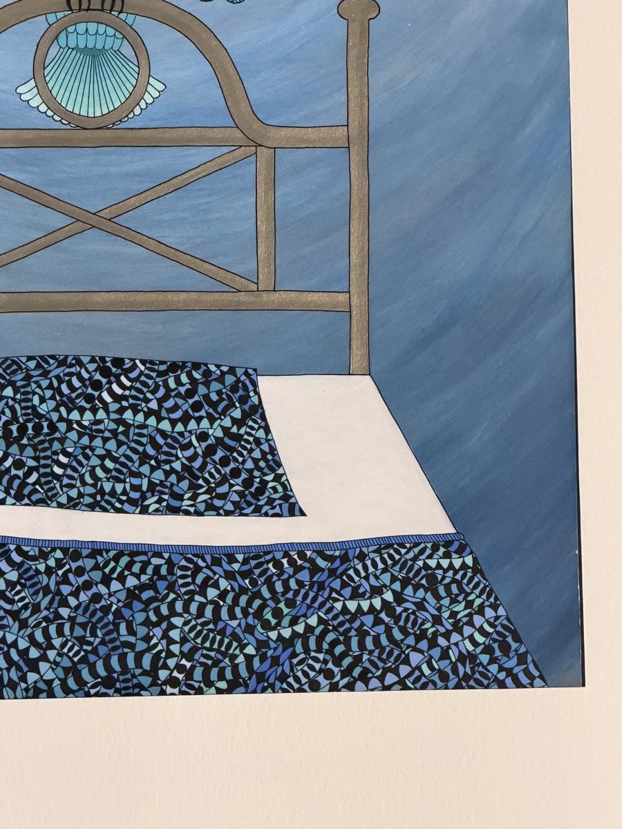 Poster & Bilder: Kunstwerk: Handgemaltes Bild mit Eule & Bett, blau. – Gebraucht aus Gunten von starfish3 5