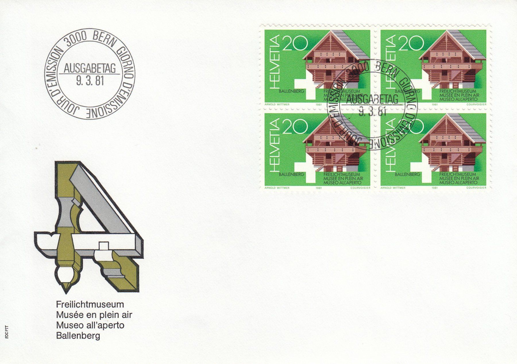 Alle Briefmarken: 1981 3 FDC Ballenberg Behinderte Albert Anker Viererblock – Gebraucht aus Spreitenbach von Mustang_1105