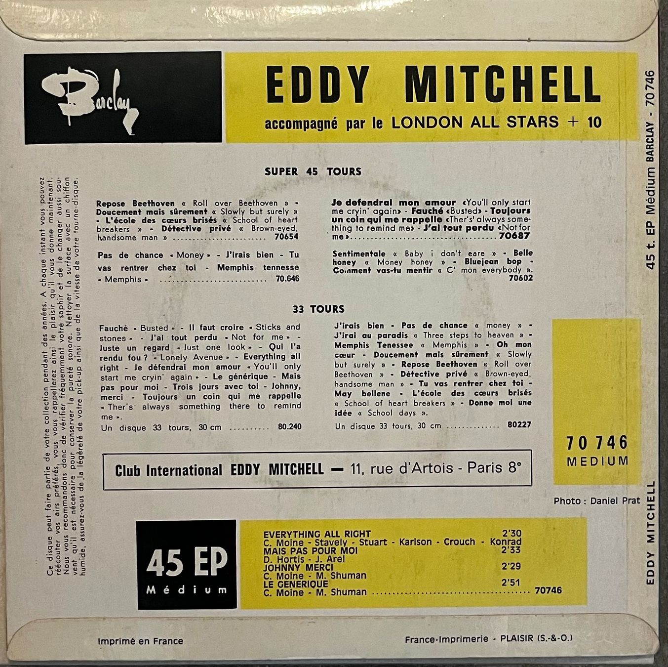 Dischi in vinile: EDDY MITCHELL - EVERYTHING ALL RIGHT – Usato da Bussigny venduto da vinyl-pas-cher 1