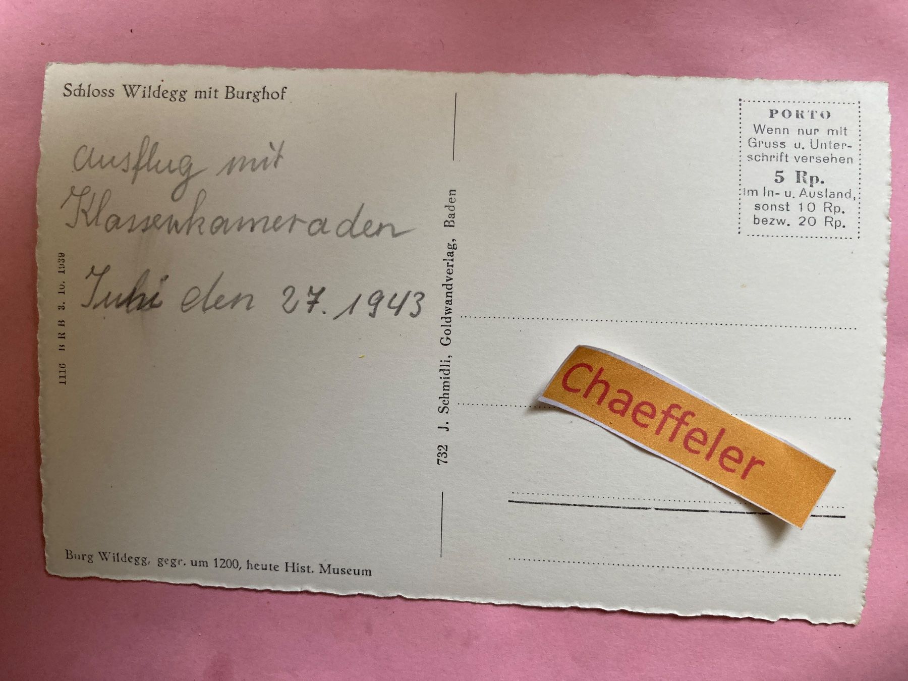 Cartes postales: 1943 Schloss Wildegg mit Burghof – D'occasion à Zürich par Chaeffeler 1