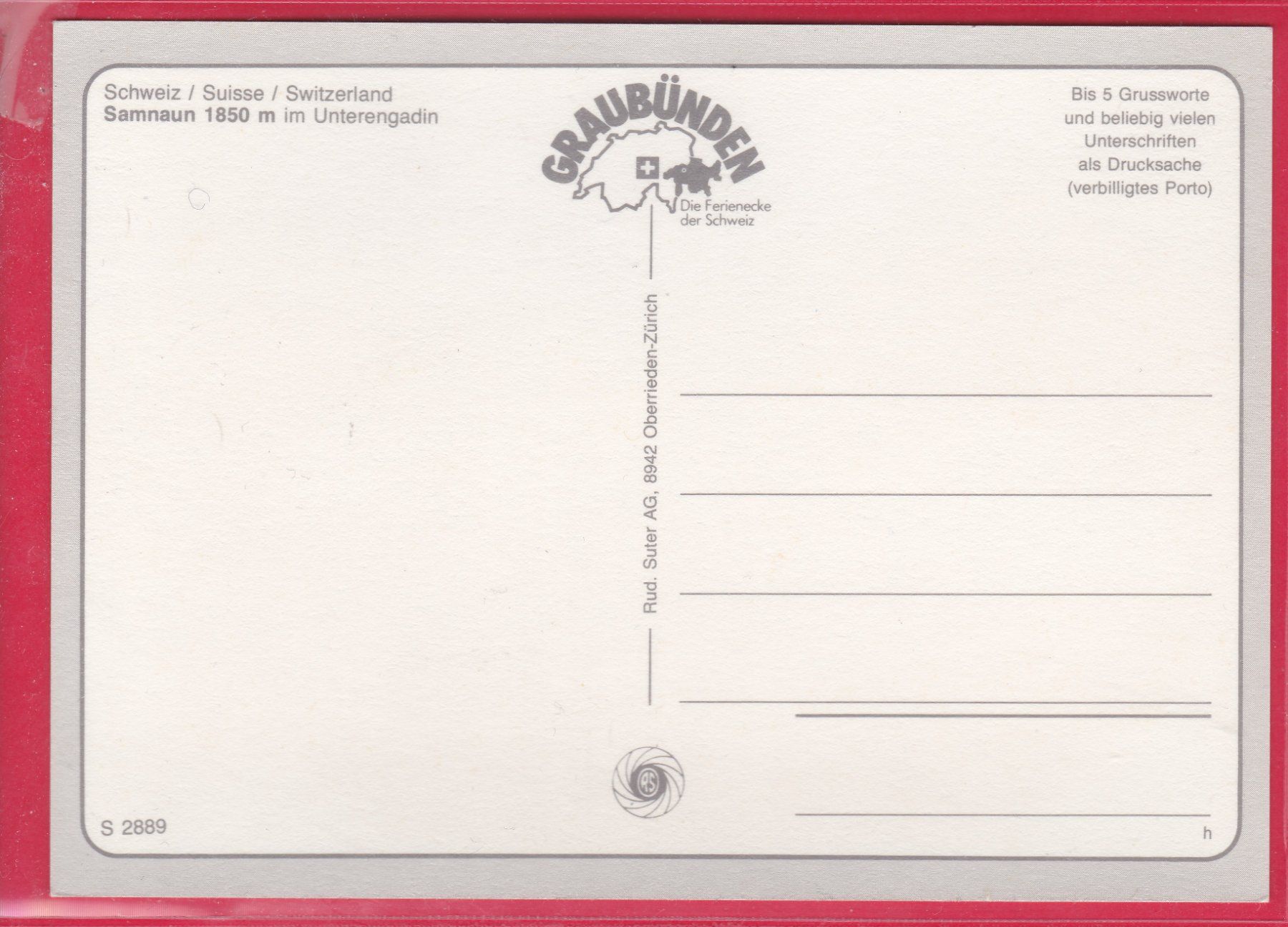 Cartoline postali: SAMNAUN 1850m IM UNTERENGADIN – Usato da Oberrieden venduto da Gebirgsstelze 1