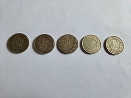 2 Franken Münze Schweiz 5Stk. 1920/21/40/58/59