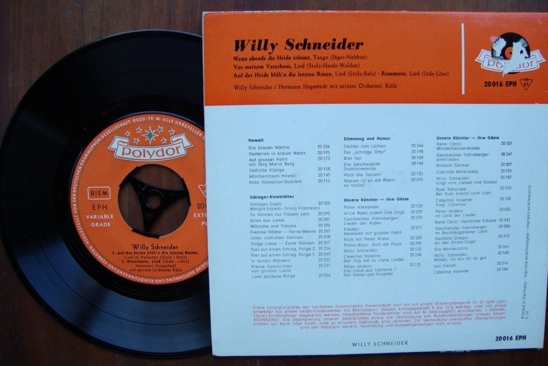 Vinyles: WILLY SCHNEIDER - WENN ABENDS DIE HEIDE – D'occasion à Bern par Uli_10_11 1
