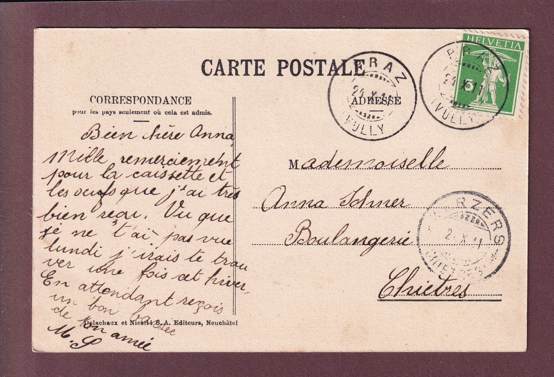 Ansichtskarten: MORAT - Obélisque - 1911 – Gebraucht aus Pully von nicecards 1