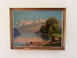Gemälde mit Bergpanorama, See und Segelbooten, gerahmt
