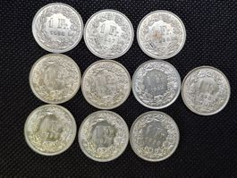Münzlot 1Fr. 835/1000 Silber alle stgl bis unz 10Stück