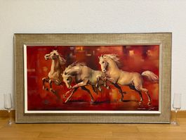 118 cmbreitx68.5cmhoch Öl Gemälde Pferde im Sonnenuntergang
