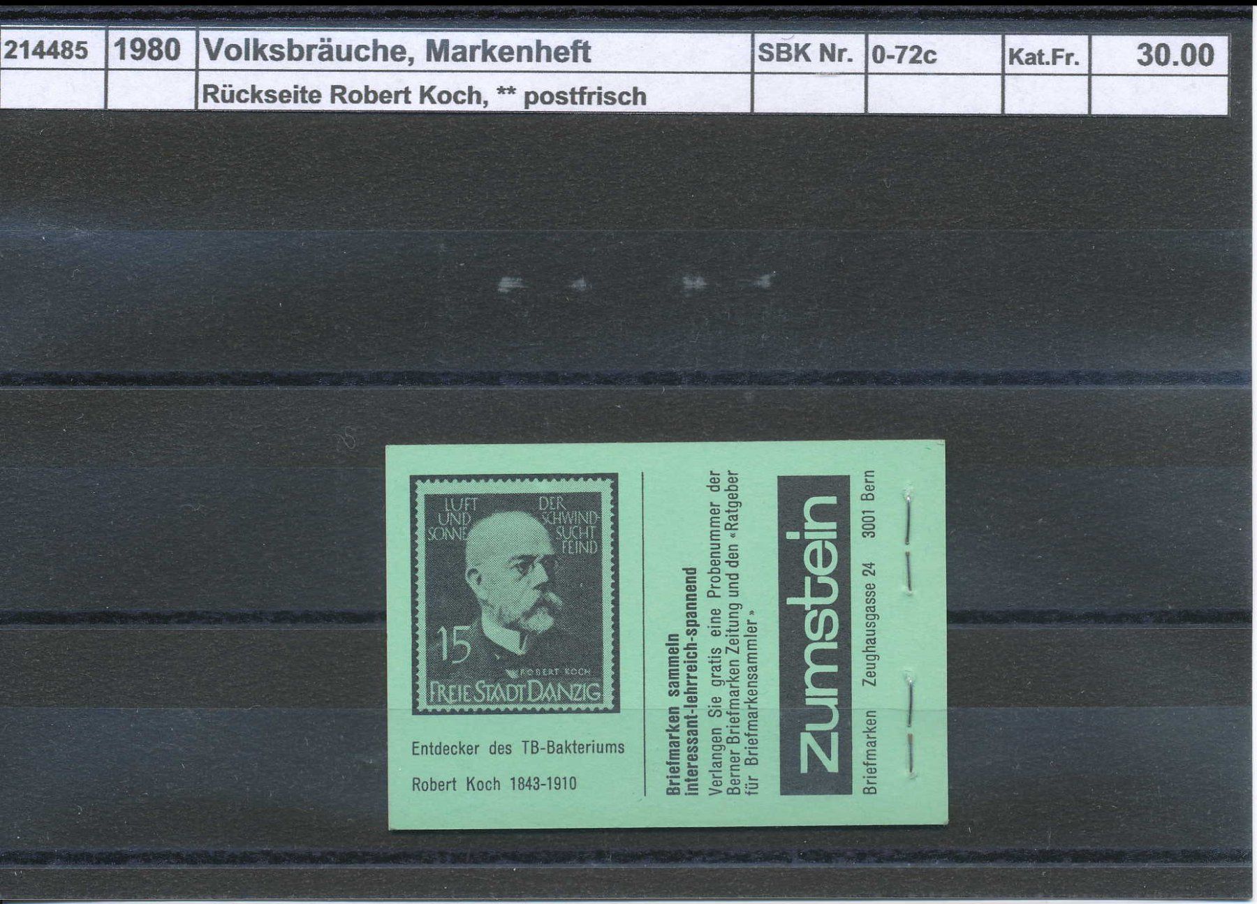 Tutti i francobolli: 1980 "Volksbräuche", Markenheftchen "grün", ** postfrisch – Nuovo (secondo la descrizione) da Winterthur venduto da Zupogeru