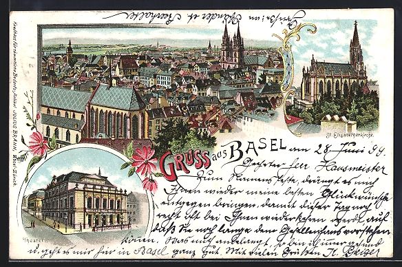Ansichtskarten: Litho Basel, Totalansicht, Theater, St.  – Gebraucht aus Berlin von bartko-reher