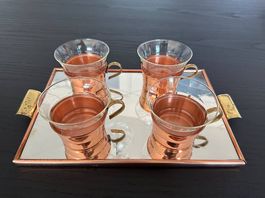 Tee Tassen-Set aus Kupfer mit Spiegel-Tablett, Teeservice