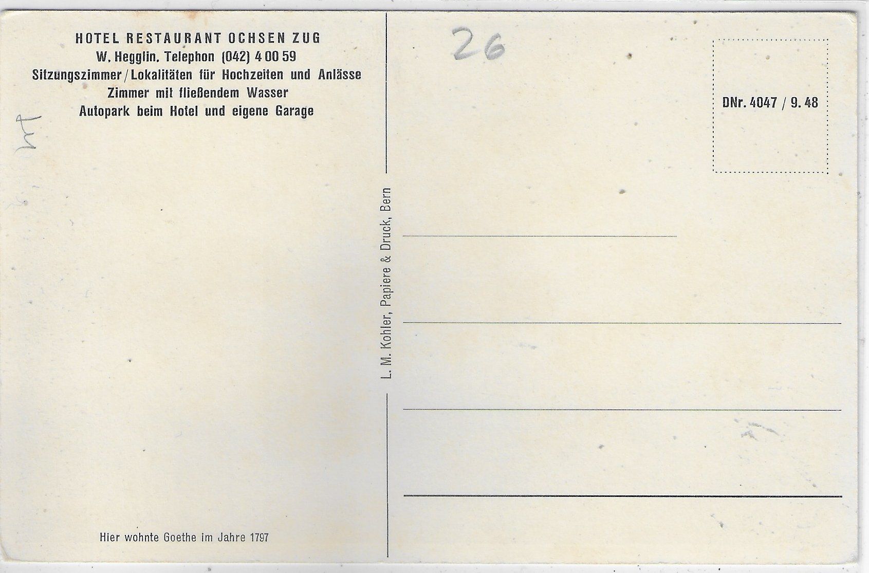 Cartoline postali: Hotel Restaurant Ochsen - Zug – Usato da Ettingen venduto da Kartenplanet 1