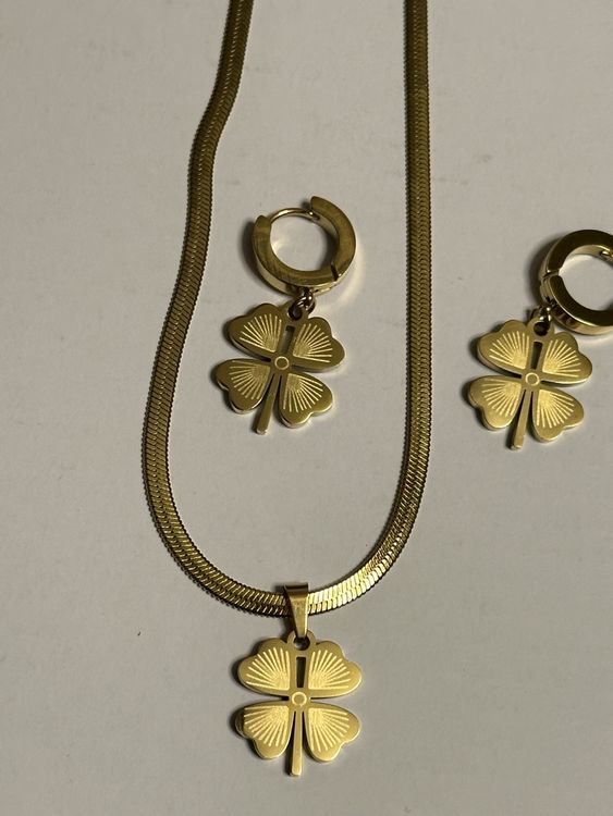 Parure Bijoux Trèfle à Quatre Feuilles SHENSAIGO - Collier, Bracelet, Boucles D'Oreilles Dorées