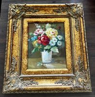 Gemälde Blumen Strauss mit Rahmen antik Zustand C.