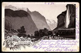 Lithographie Interlaken, Ansicht der Bergabstürze und Wasser