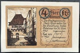 Seltene historische Banknote Hall in Tirol, 4 Kronen