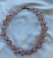 Collier vintage quartz rose, perles côtelées et argent