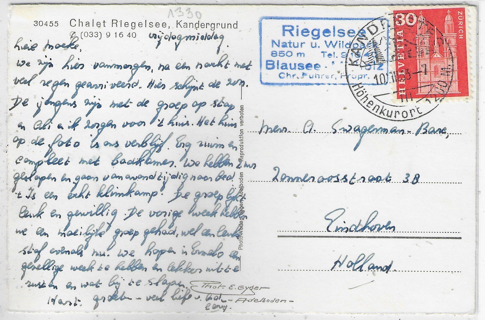Cartoline postali: Chalet Riegelsee - Kandergrund - Photo: E. Gyger – Usato da Ettingen venduto da Kartenplanet 1