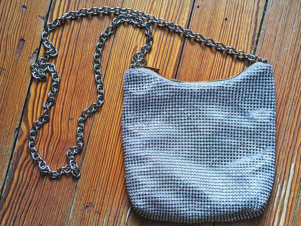 Sac De Soirée ANAAYA Vintage - Toile Recouverte De Métal Et Strass, Anses Bois - Occasion Charme Rétro