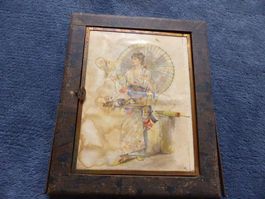 Antiker Boudoir-3-Fach-Spiegel,2 Lithos,Künstl.,Japan,Frauen