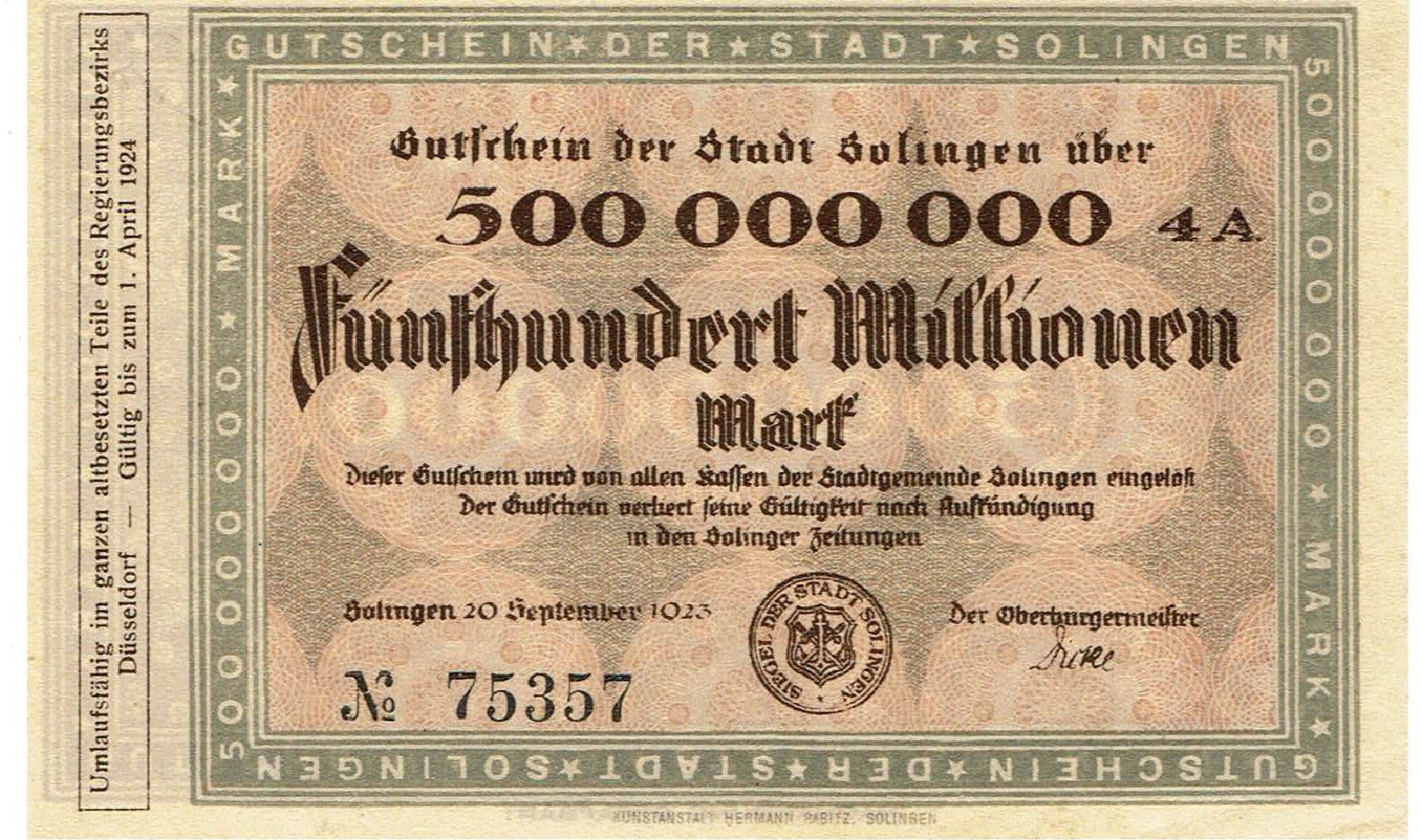 Banknoten: Solingen 500 Mil.Mark 20.09.1923 VZ+-VZ++ – Gebraucht aus Steffisburg von ber_8htf