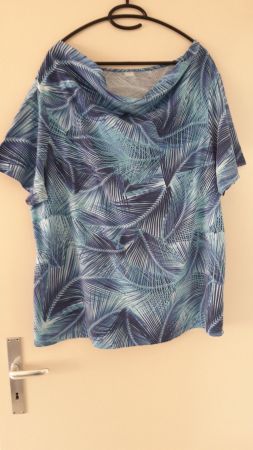 T-shirt femme bleu turquoise imprimé feuilles, taille 48 /52
