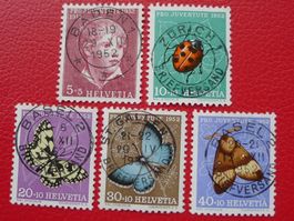 1952, IDEALE Krönli-Stempel PRO JUVENTUTE: J143-147, sauber