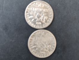 2 monnaies des 50 cents en argent française 1909-1912