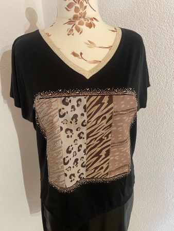 T-shirt noir et doré avec motifs léopard et perles