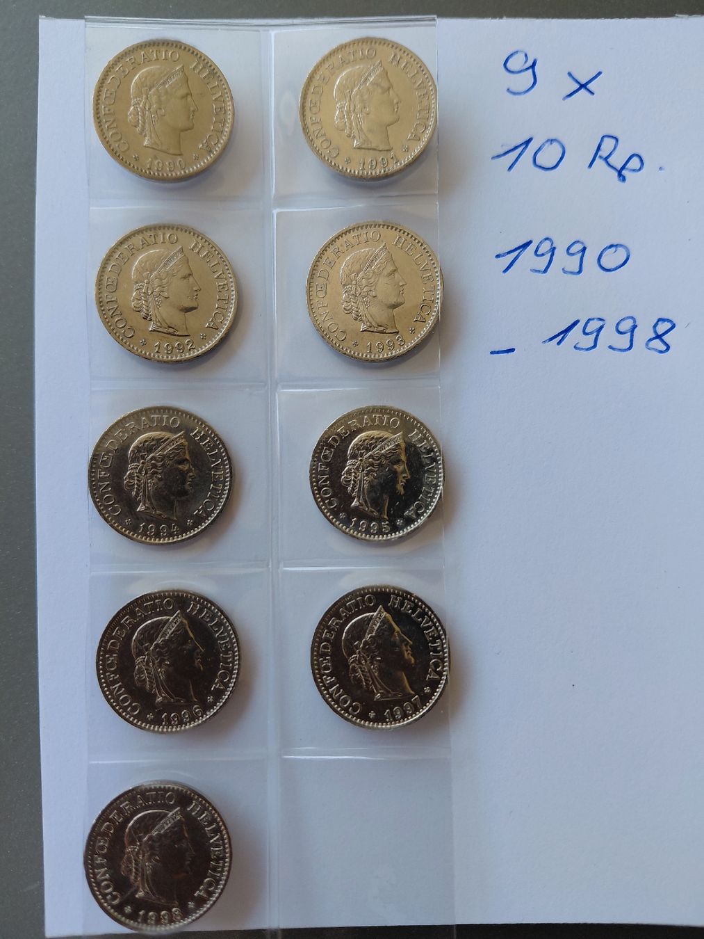 Tutti le monete: 10 Rappen 9 Stück 1990-98 – Usato da Bonaduz venduto da topolino052