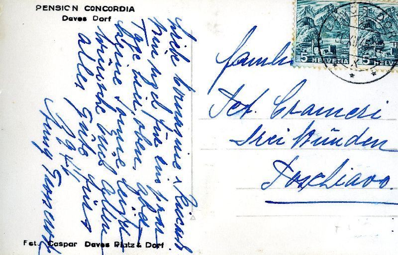 Cartoline postali: Davos-Dorf - Pension Concordia + 1945 – Usato da Emmenbrücke venduto da teestube 1