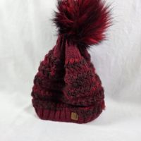 Warme, gestrickte Wintermütze mit Bommel, Weinrot