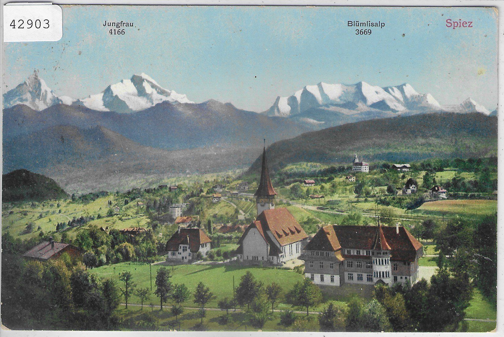 Cartoline postali: Spiez - Kirche und Schulhaus - Litho – Usato da Ettingen venduto da Kartenplanet