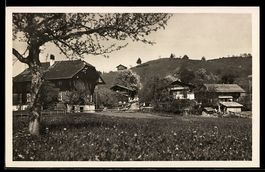 AK Aeschiried, Ortspartie mit Bauernhäusern und Wiese