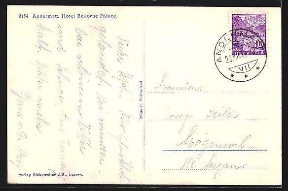 Cartoline postali: AK Andermatt, Hotel Bellevue Palace – Usato da Berlin venduto da bartko-reher 1