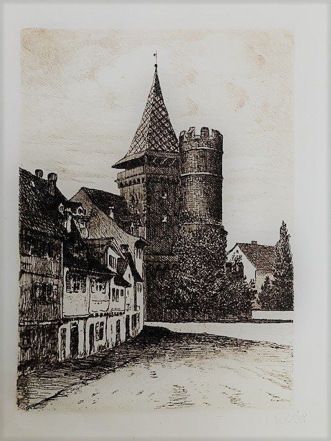 Grafica & Litografie: Originalradierung Altstadt mit Turm – Usato da Thalwil venduto da Peter0911 1