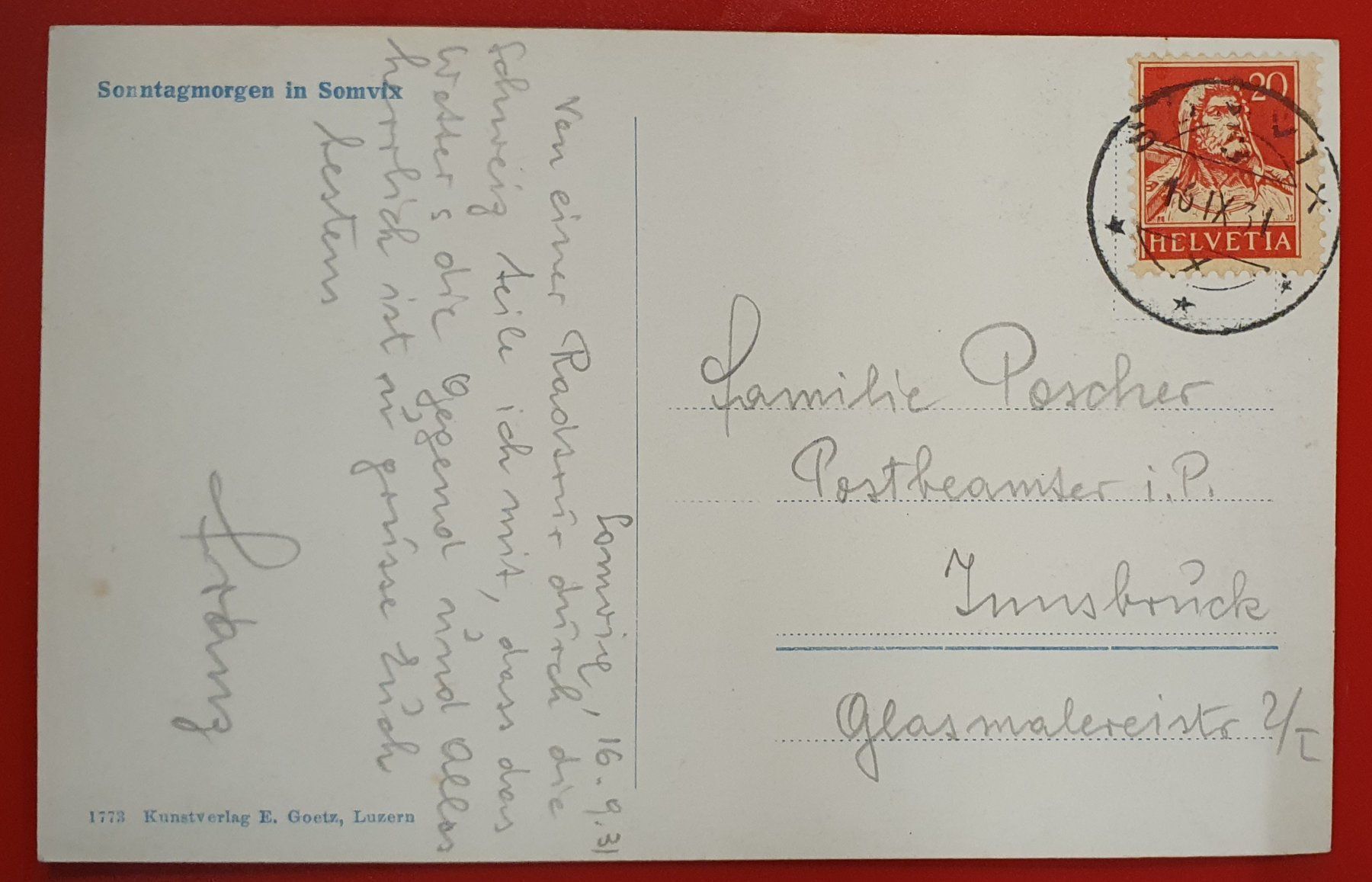 Cartoline postali: Sonntagmorgen in Somvix 1931 - TOP – Usato da Kreuzlingen venduto da Rschweiz1 1